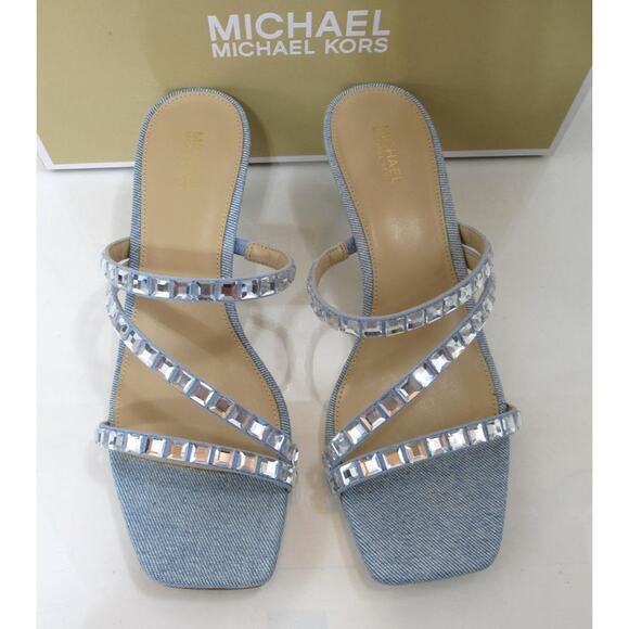 Michael Kors Celia Kitten Heel Slide Embellished Dress Sandals Blue Size 8 - Picture 4 of 6
